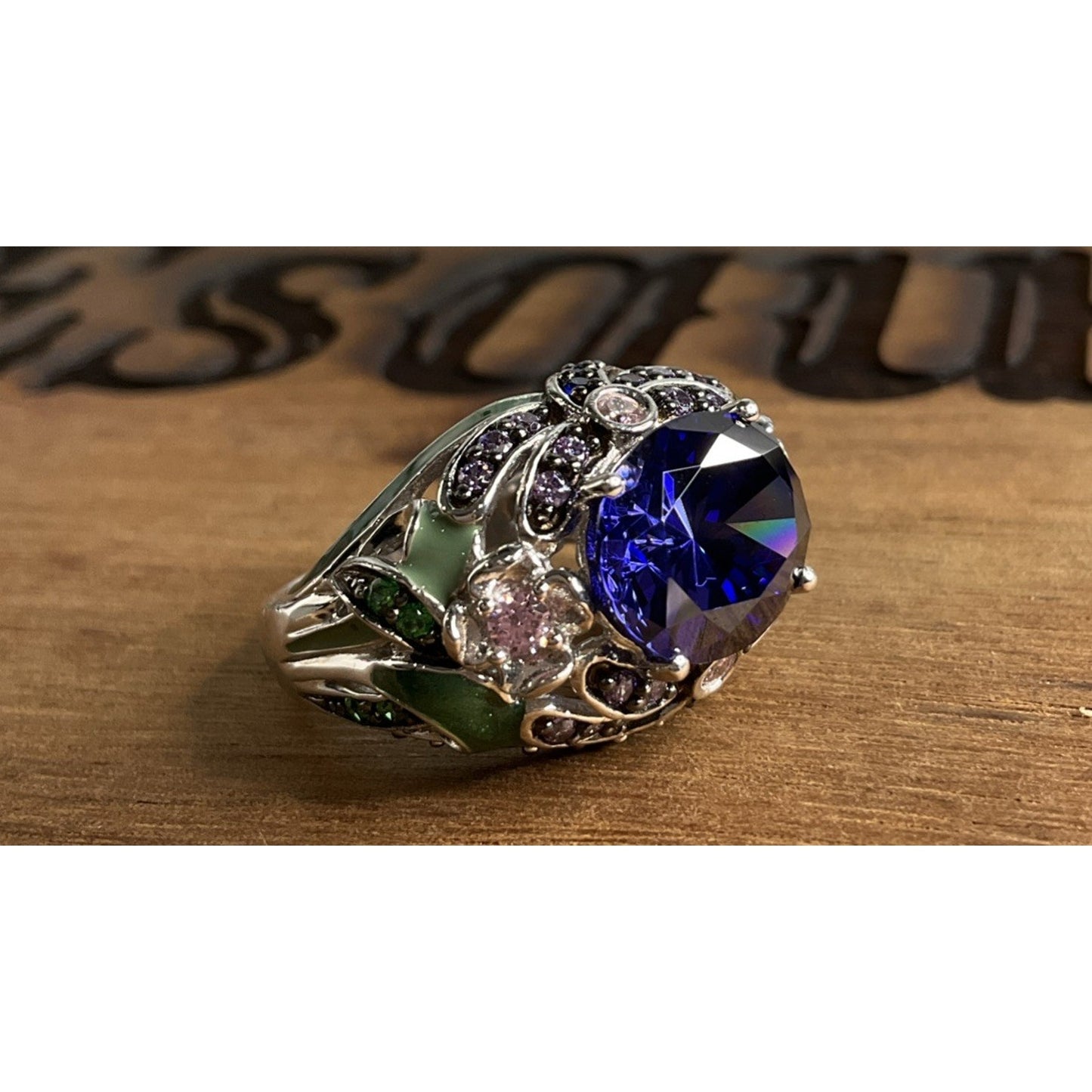 Sterling Silver 925 Blue CZ Cocktail Ring Ornate Enamel Statement Ring Size 6.5