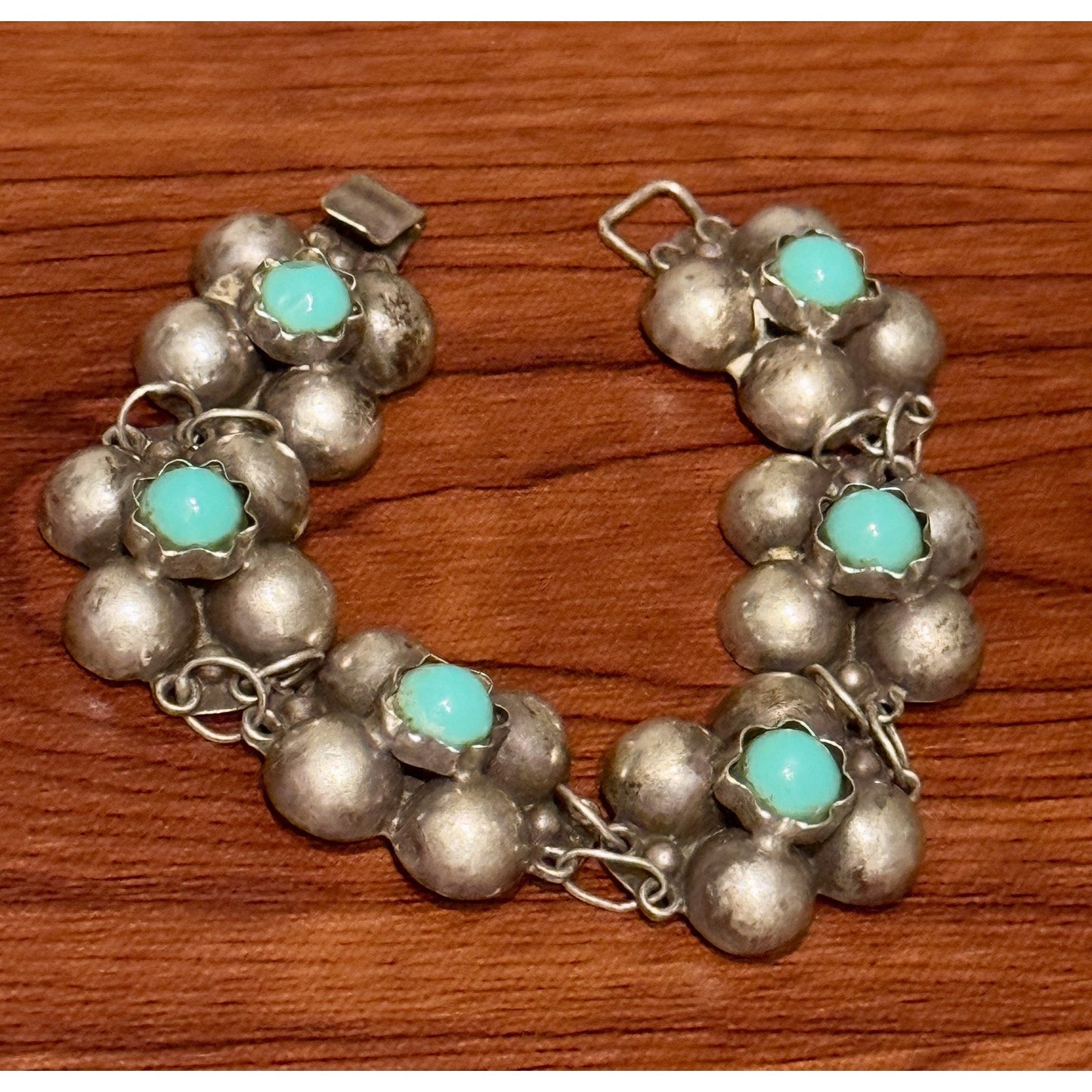 Vintage Mexico Silver Turquoise Cluster Bracelet 7.25” 21g Pre Eagle Sterling