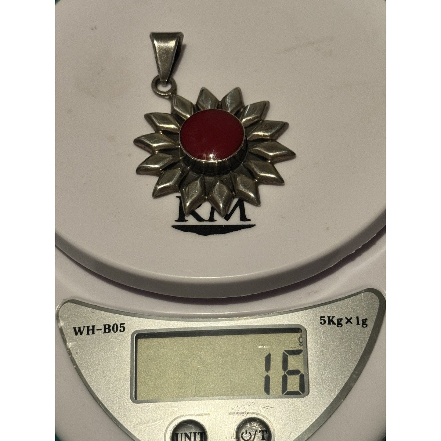 Vintage Sterling Silver Sun Pendant Natural Red Jasper Stone 925 16g