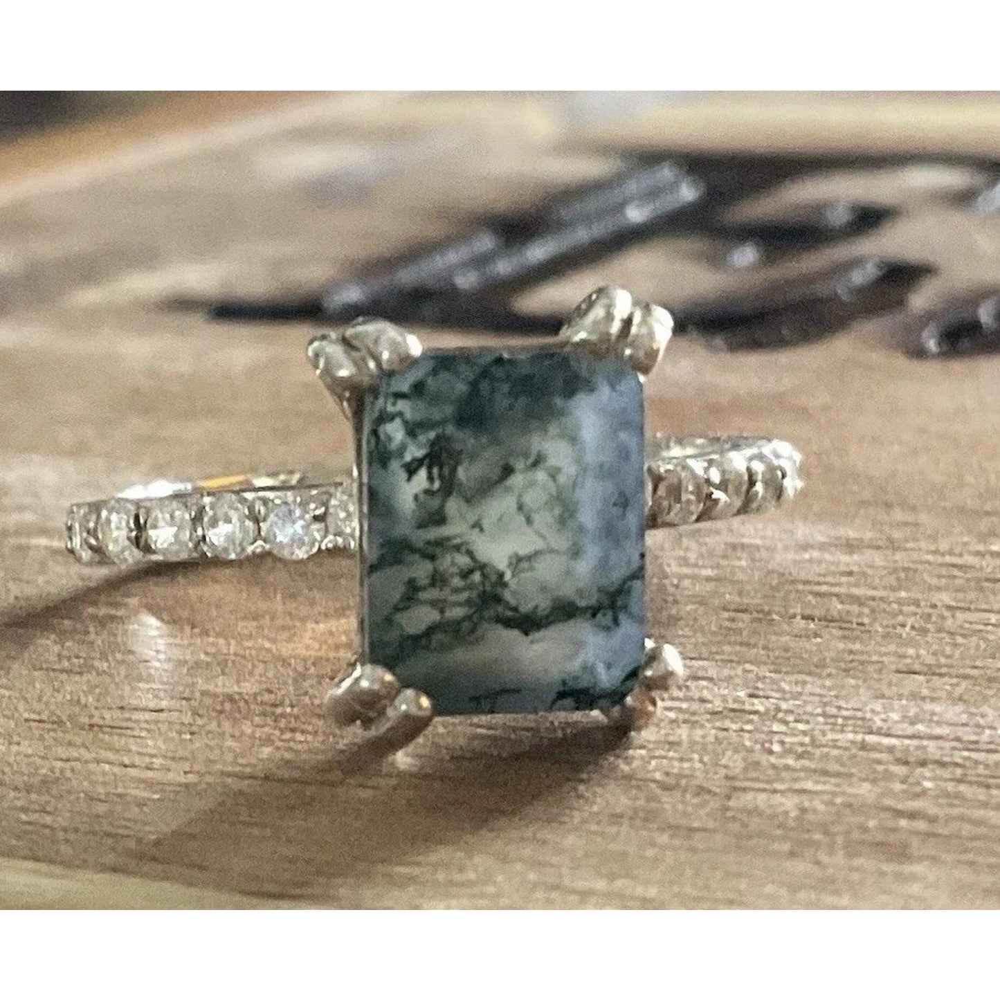 Vintage Sterling Silver Moss Agate Ring Size 8 Emerald Cut Dendritic Style 925