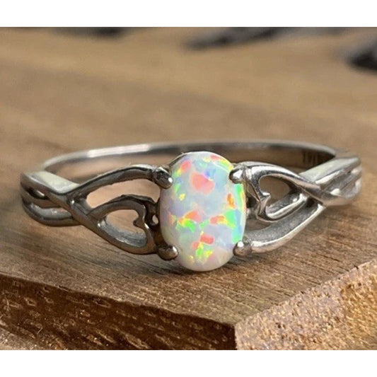 316L Stainless Steel White Opal Ring Lab Opal Solitaire Statement Ring Size 10