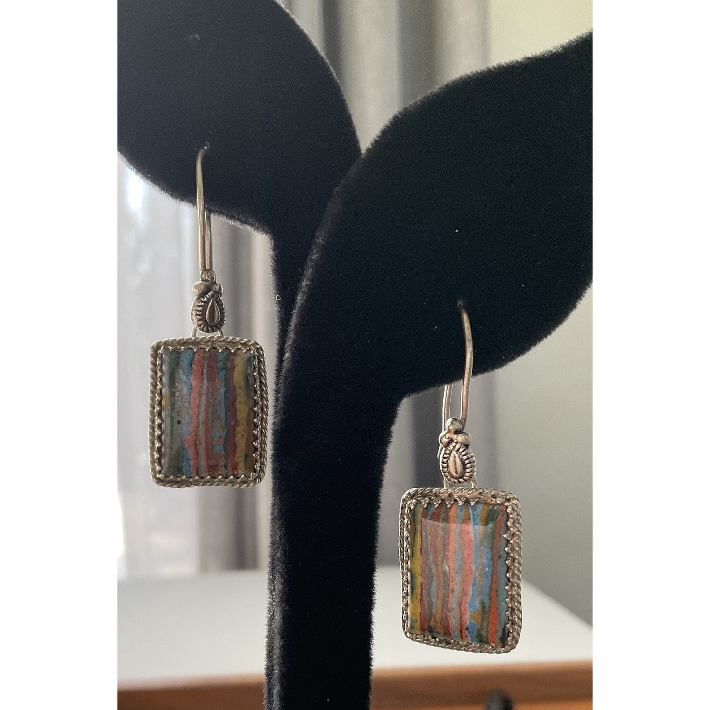 Don Lucas Navajo DF Sterling Rainbow Calsilica Earrings Southwest Artisan Silver