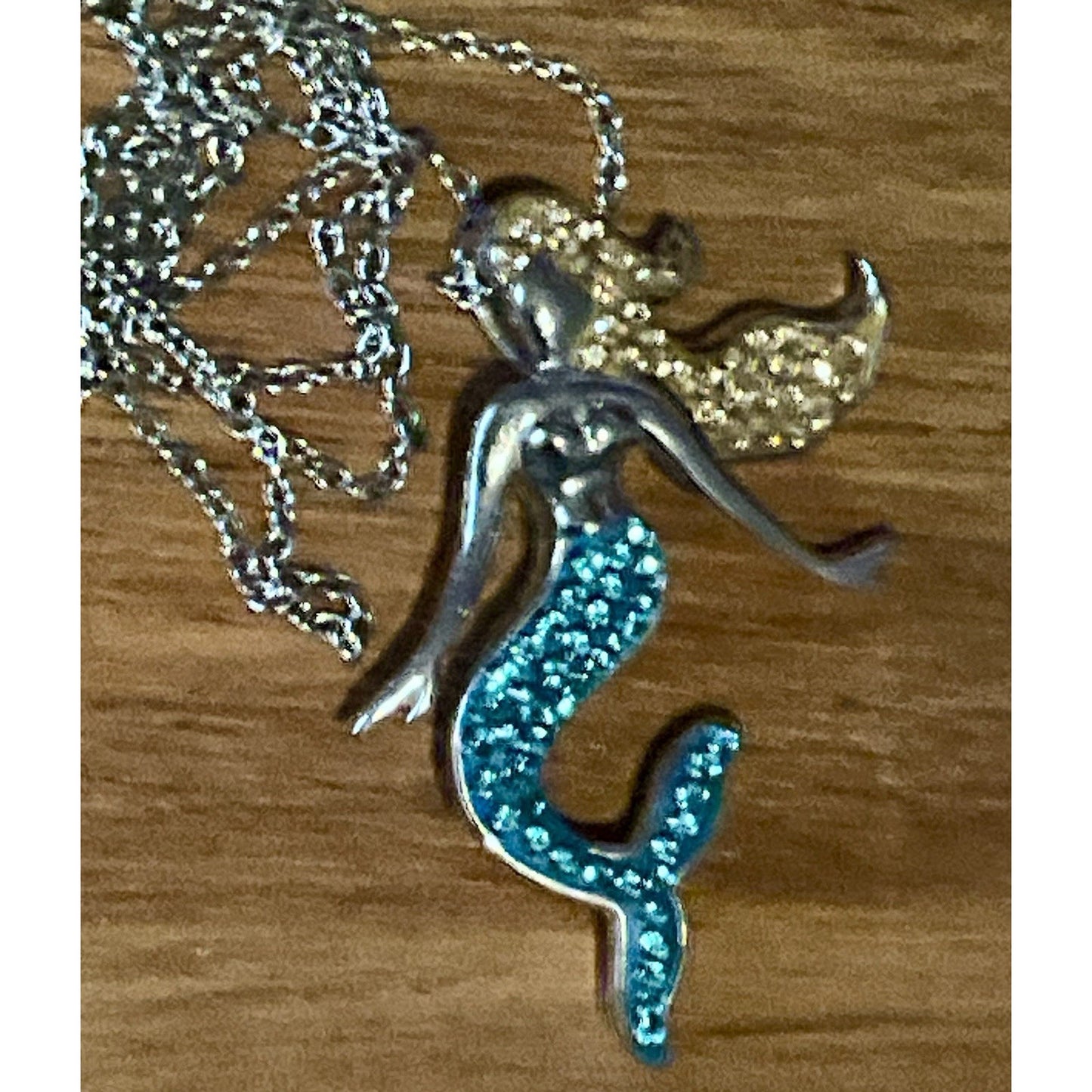 Sterling Silver Mermaid Pendant Blue & Gold Crystal Tail With 21” Necklace 925