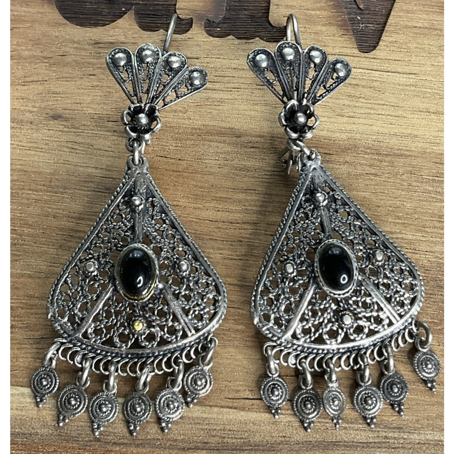 Vintage Sterling Silver Filigree Black Onyx Chandelier Earrings