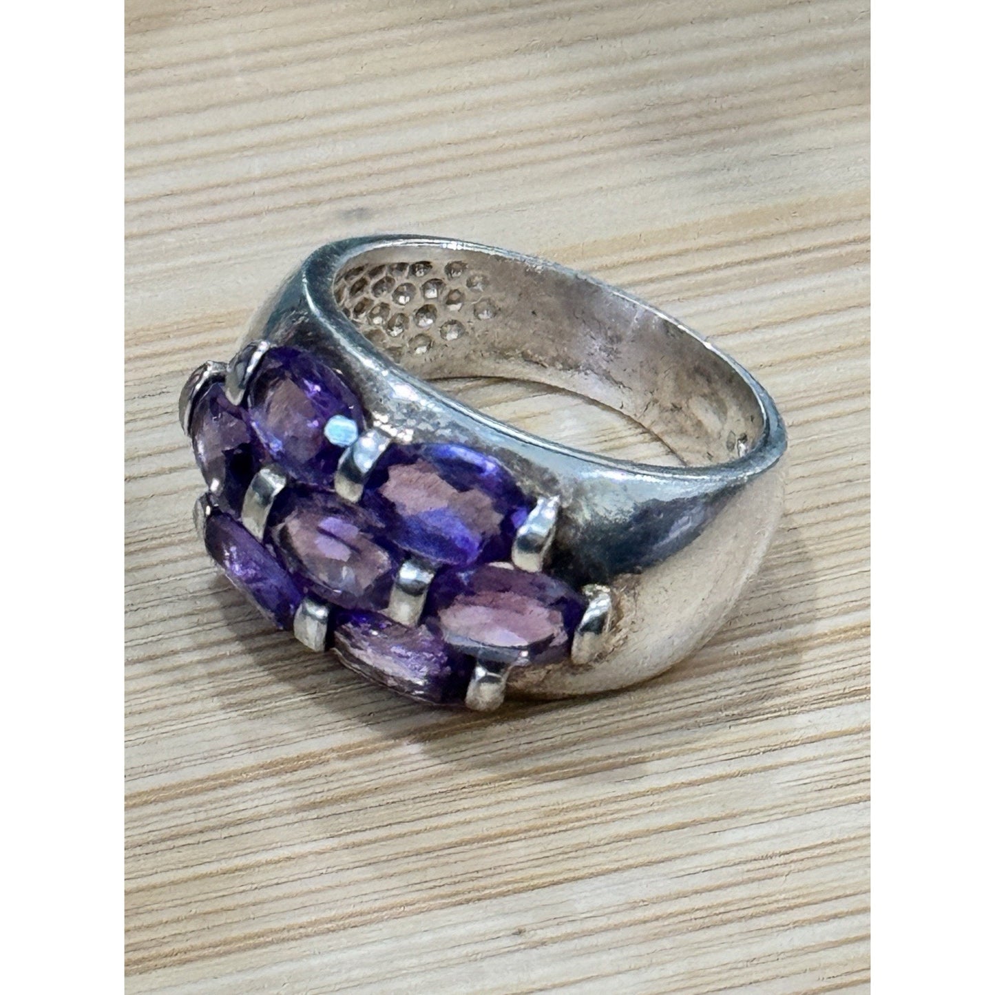 Vintage Sterling Silver 9 Stone Natural Amethyst Cluster Ring Size 6 Wide Band