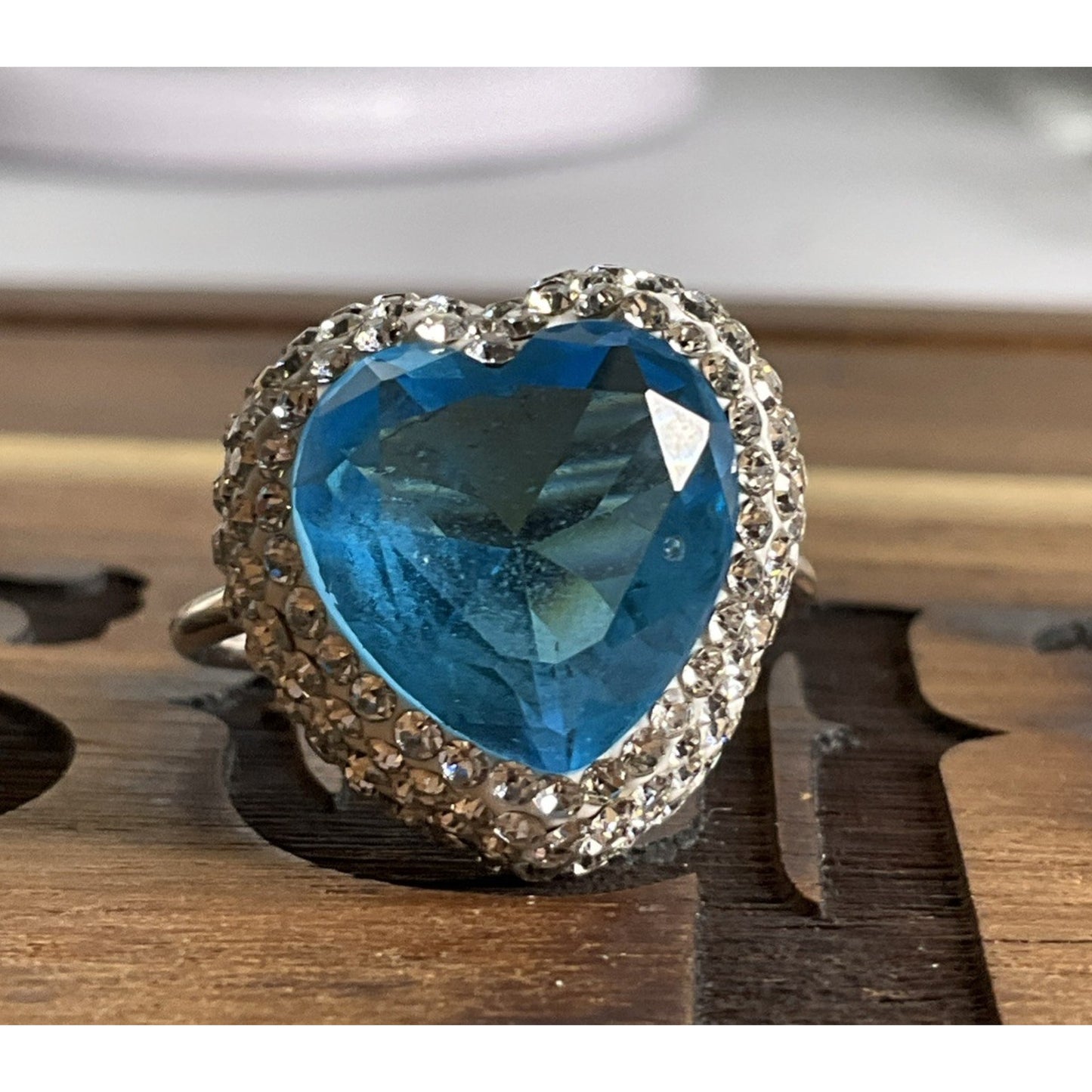 Sterling Silver Blue Heart Ring Adjustable Size 7 CZ Halo Romantic Gift Ring 925