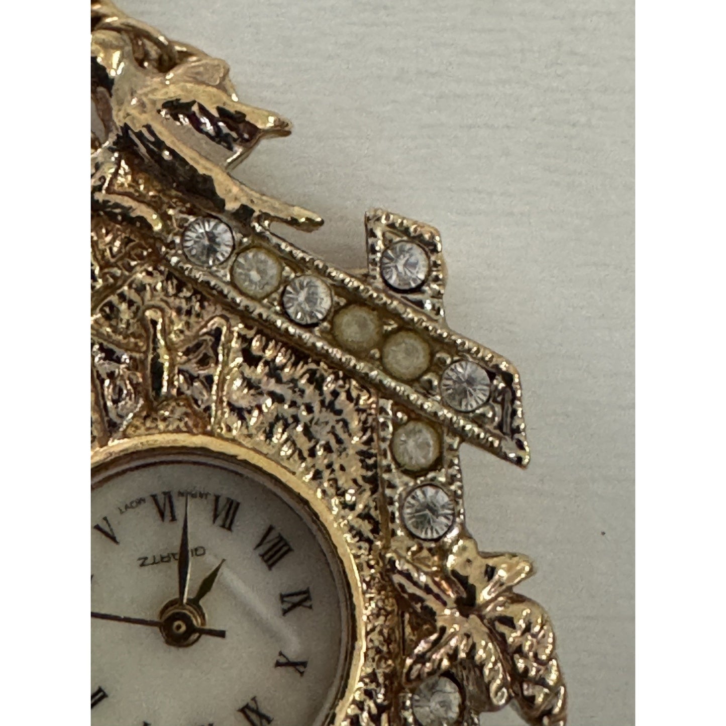 Vintage Lind 14KGE Rhinestone Cuckoo Clock Quartz Watch Brooch Pendant