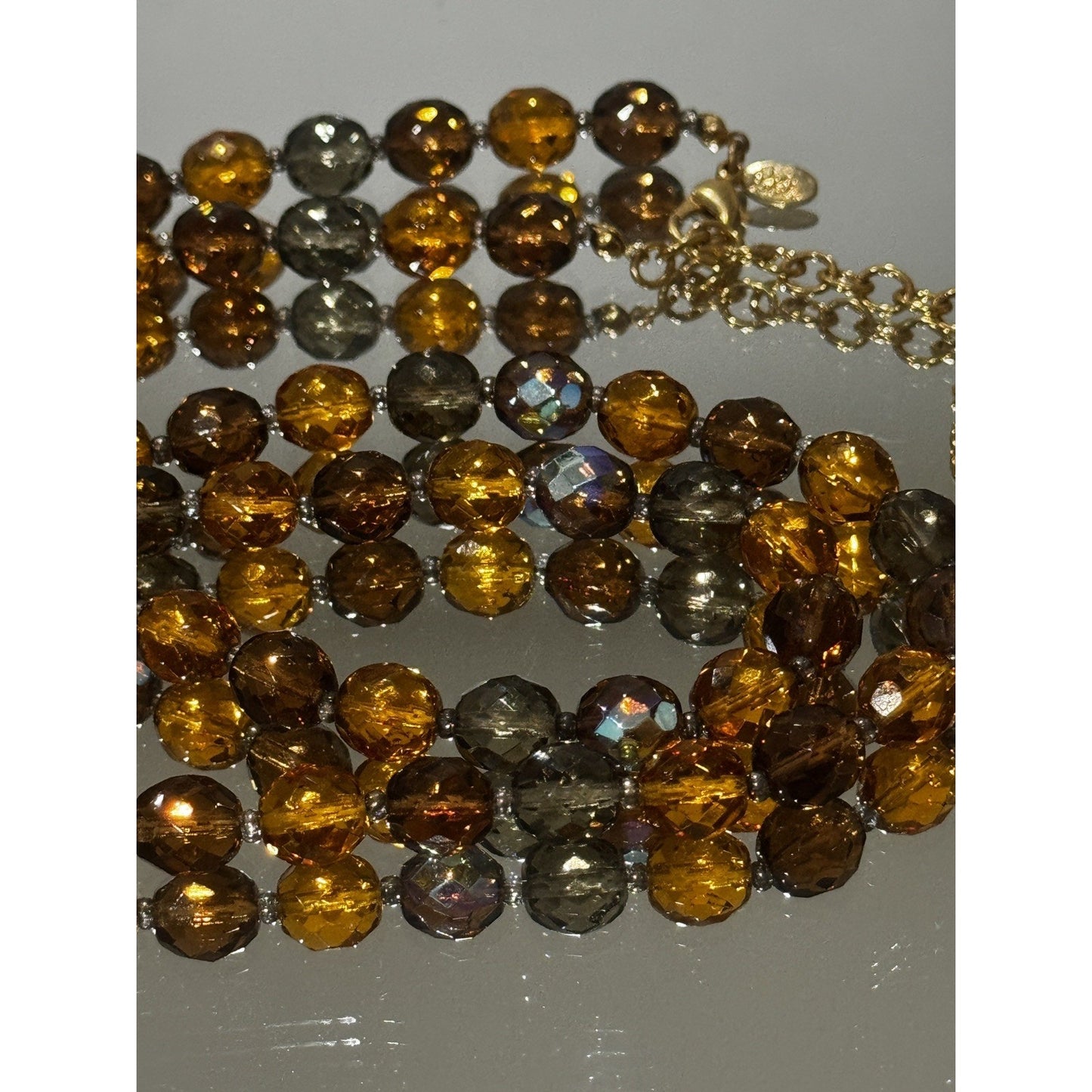 Vintage Signed Joan Rivers Amber Gray Smoky Glass & AB Crystal Bead 32” Necklace