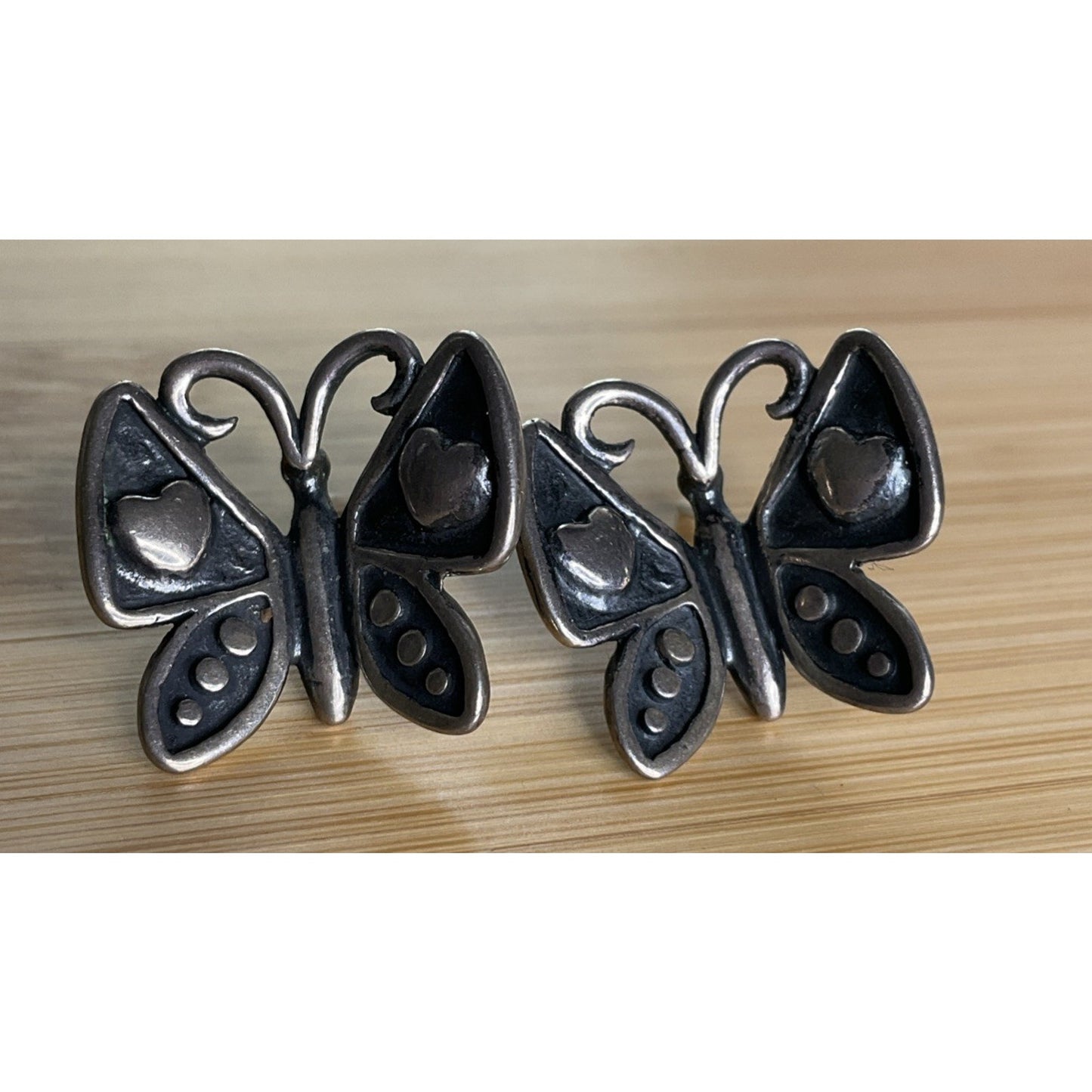 Vintage Sterling Silver Butterfly Heart Mariposa Pierced Earrings Oxidized