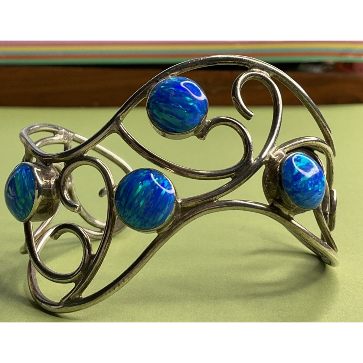 Mexico 925 Sterling Silver Blue Opal Wide Scroll Cuff Bracelet 31g