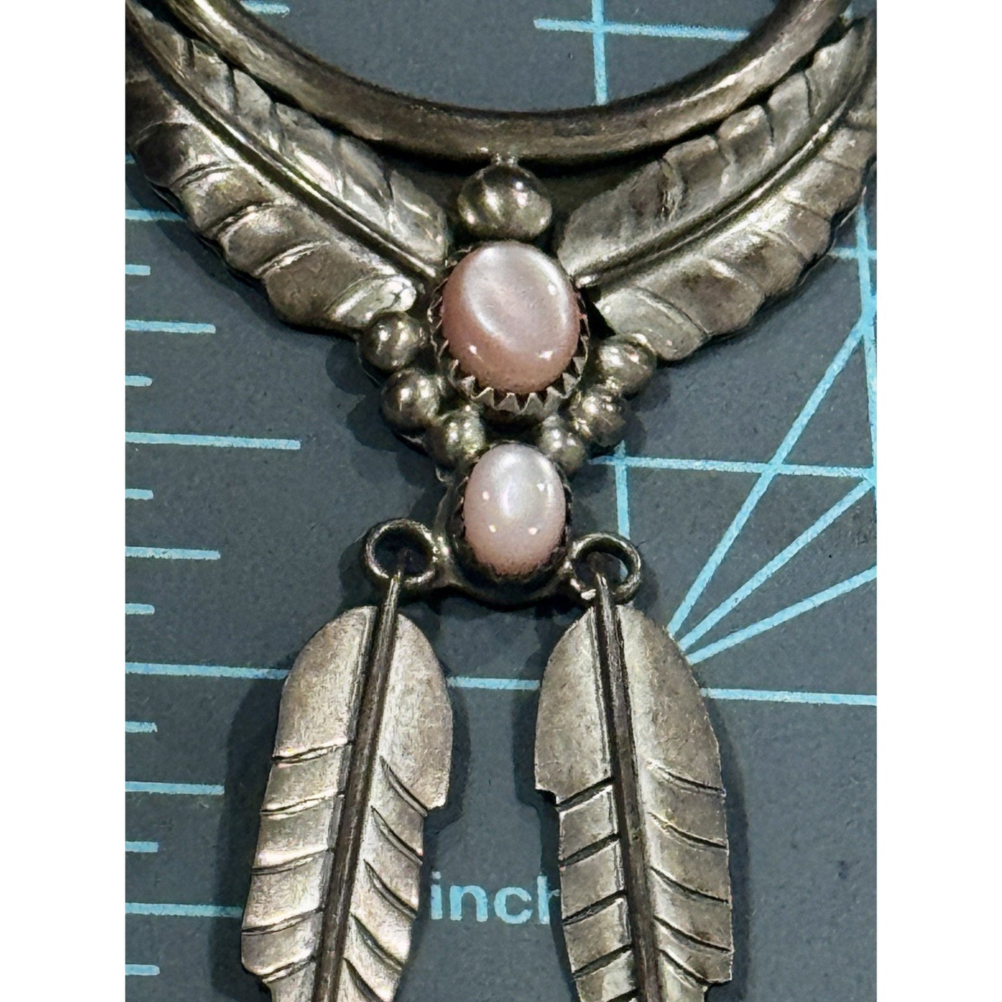 Vintage Navajo Sterling Silver Pink Conch Dangle Feather Necklace Signed S Cline