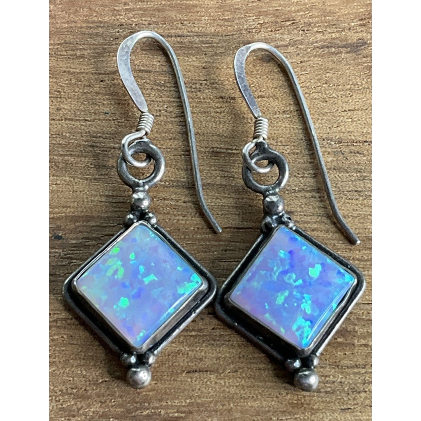 Vintage Sterling Silver Geometric Blue Iridescent Fire Opal Dangle Drop Earrings