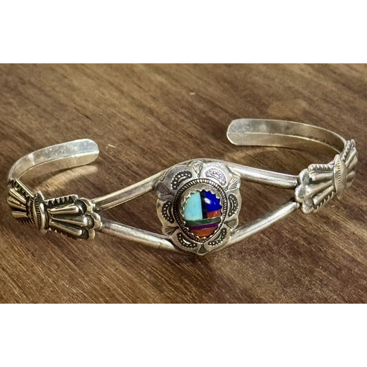 Navajo Sterling Multi Stone Inlay Cuff Bracelet Clarence Thomas C.T. 9.6g