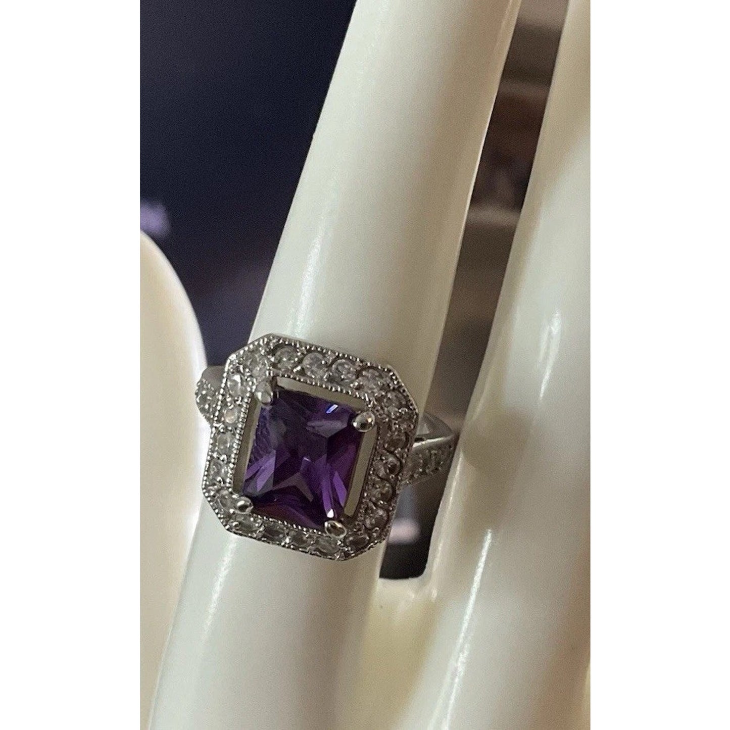 Art Deco FAS 925 Sterling Silver Amethyst CZ Ring Size 8.5 Vintage