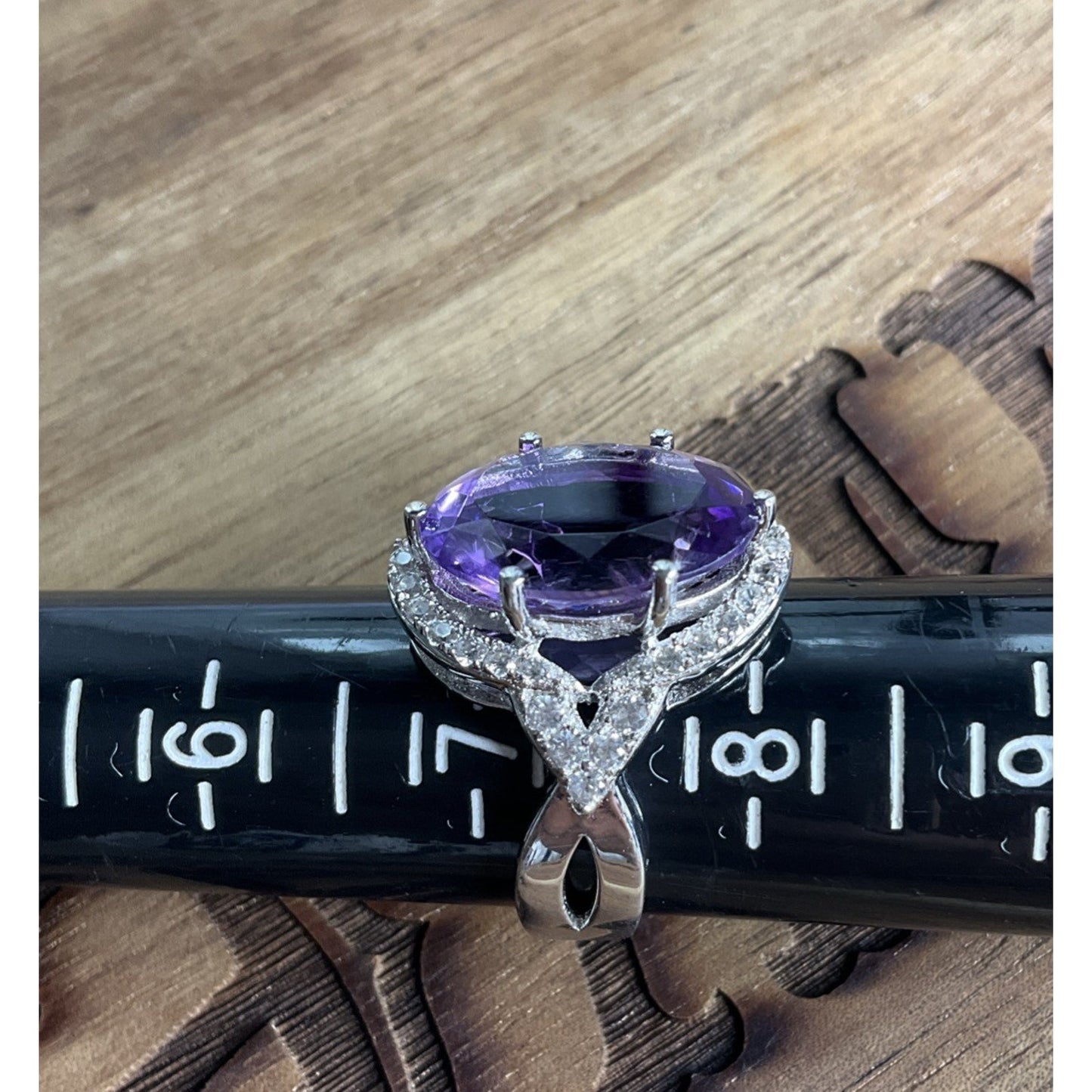 Sterling Silver Amethyst Halo Ring 925 Purple Stone Cocktail Statement Ring 7.5