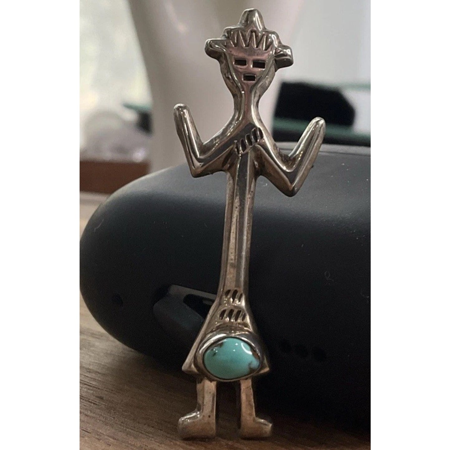 Vintage Turquoise Yei Figure Sterling Silver Brooch Southwestern Native American
