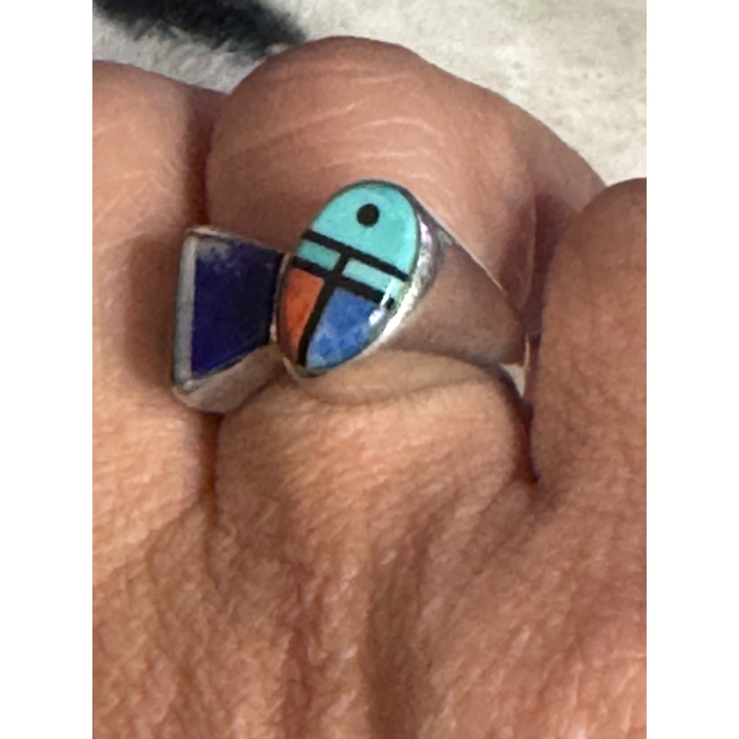 V Benally Navajo Sterling Silver Inlay Ring Turquoise Lapis Spiny Oyster Sz 7.25