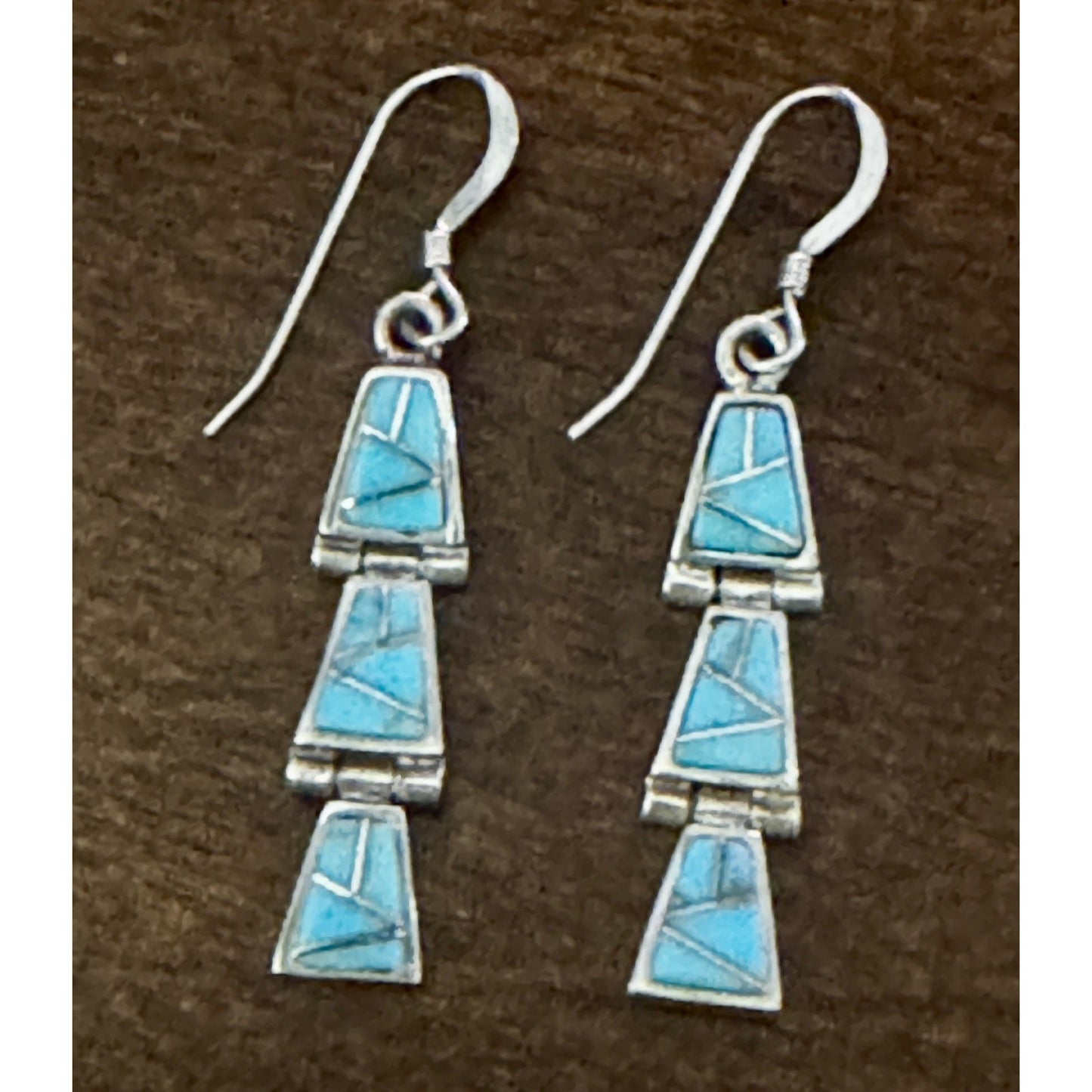 Vintage Sterling Silver Turquoise Inlay Southwestern Dangle Earrings 2.5”