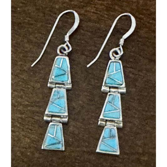 Vintage Sterling Silver Turquoise Inlay Southwestern Dangle Earrings 2.5”