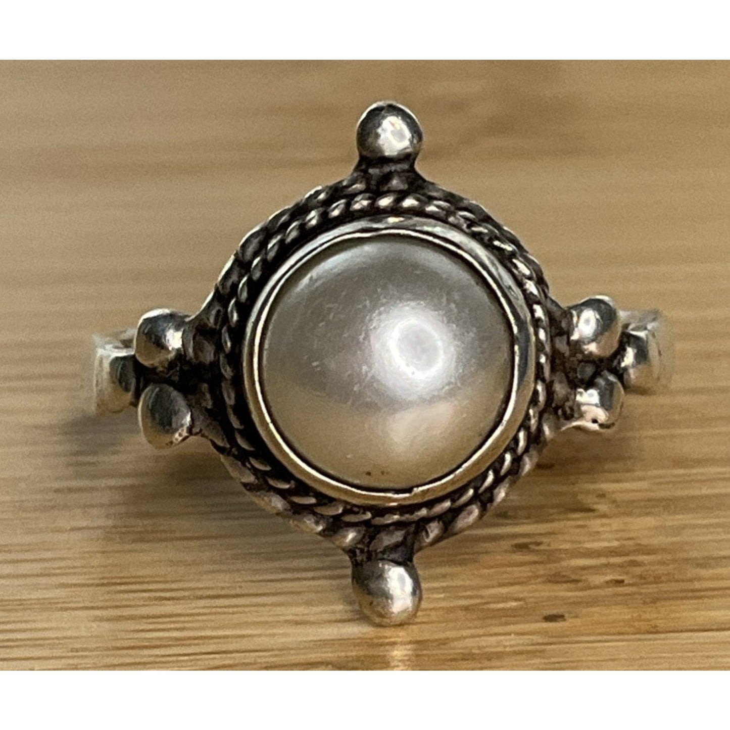 Vintage Sterling Silver Pearl Ring Size 6 Round White Pearl 925 Ring