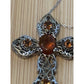 Vintage Amber & Citrine Sterling Silver Two Tone Cross And 925 Necklace 20”