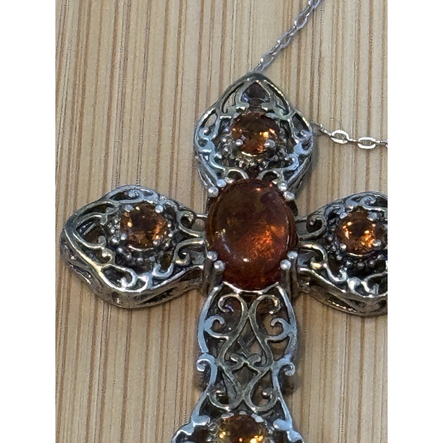 Vintage Amber & Citrine Sterling Silver Two Tone Cross And 925 Necklace 20”