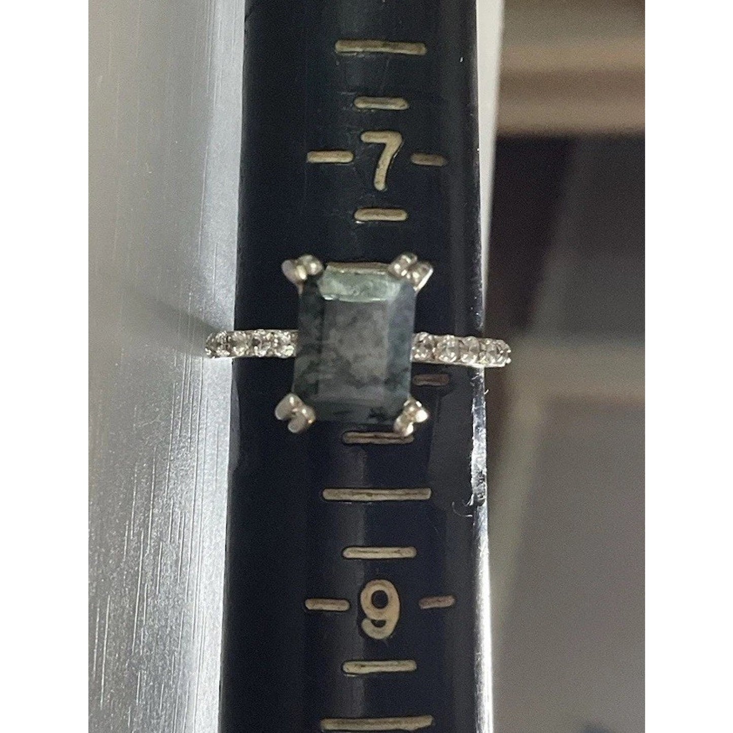 Vintage Sterling Silver Moss Agate Ring Size 8 Emerald Cut Dendritic Style 925