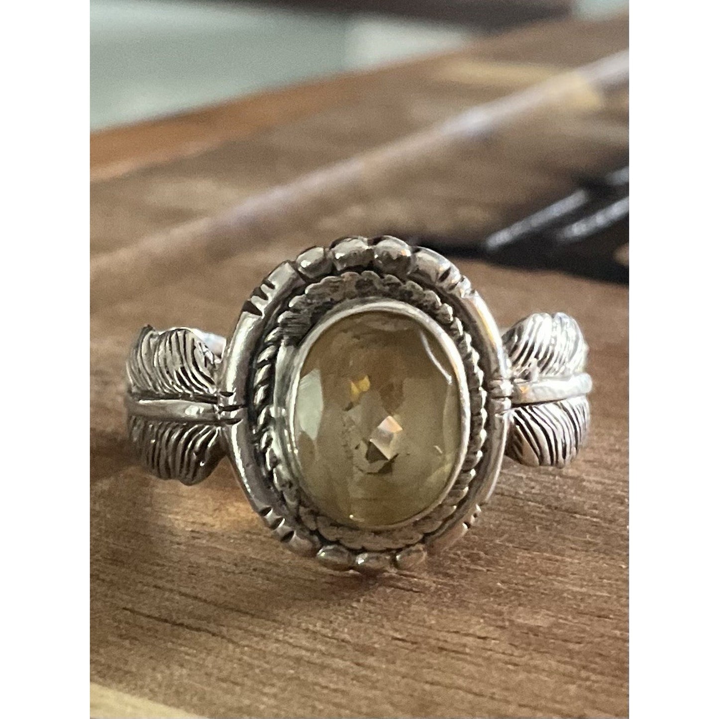 Feather Band Handmade 925 Sterling Silver Citrine Feather Cocktail Ring Size 8.5