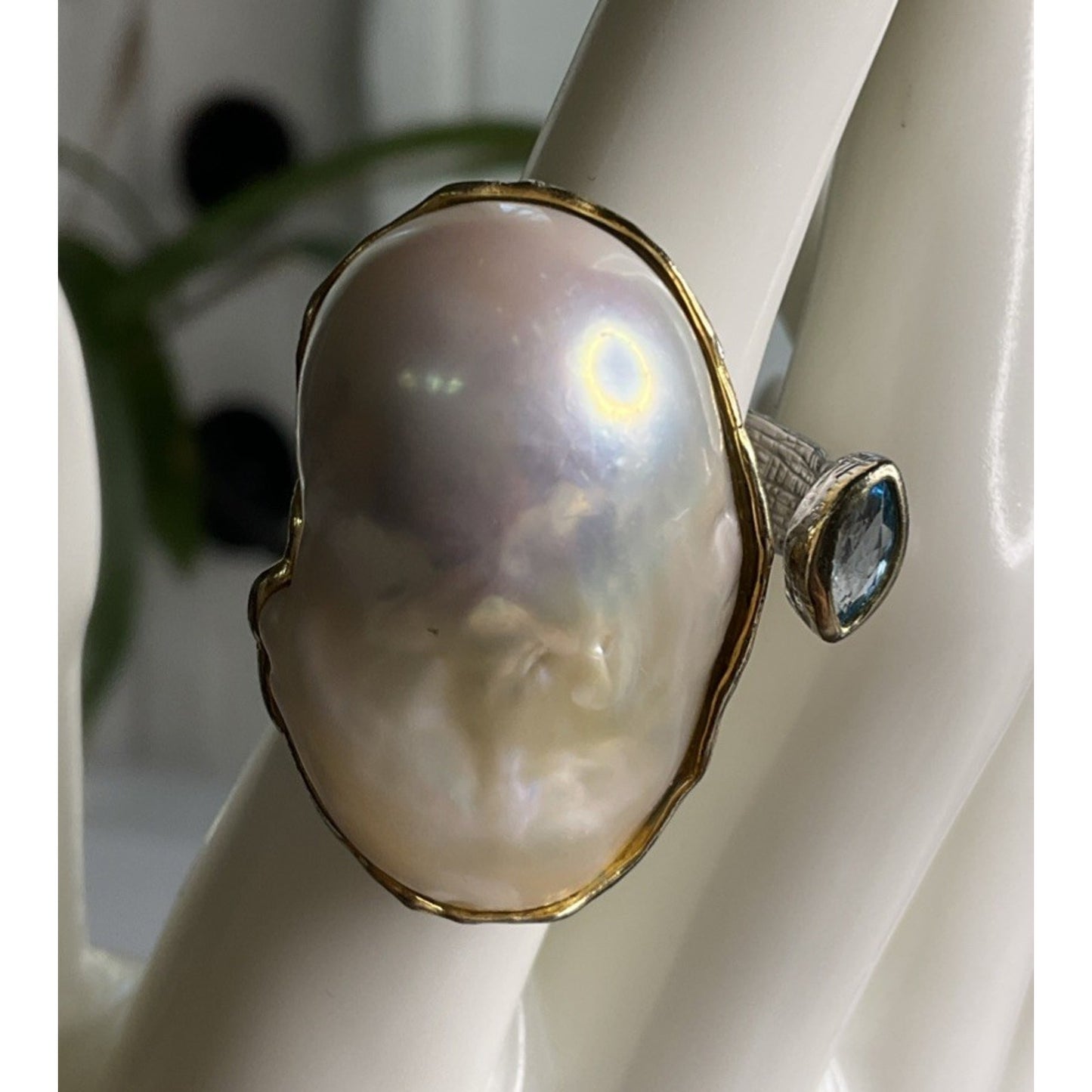 Baroque Pearl & Blue Topaz “Toi et Moi” Sterling Silver Statement Ring Size 5