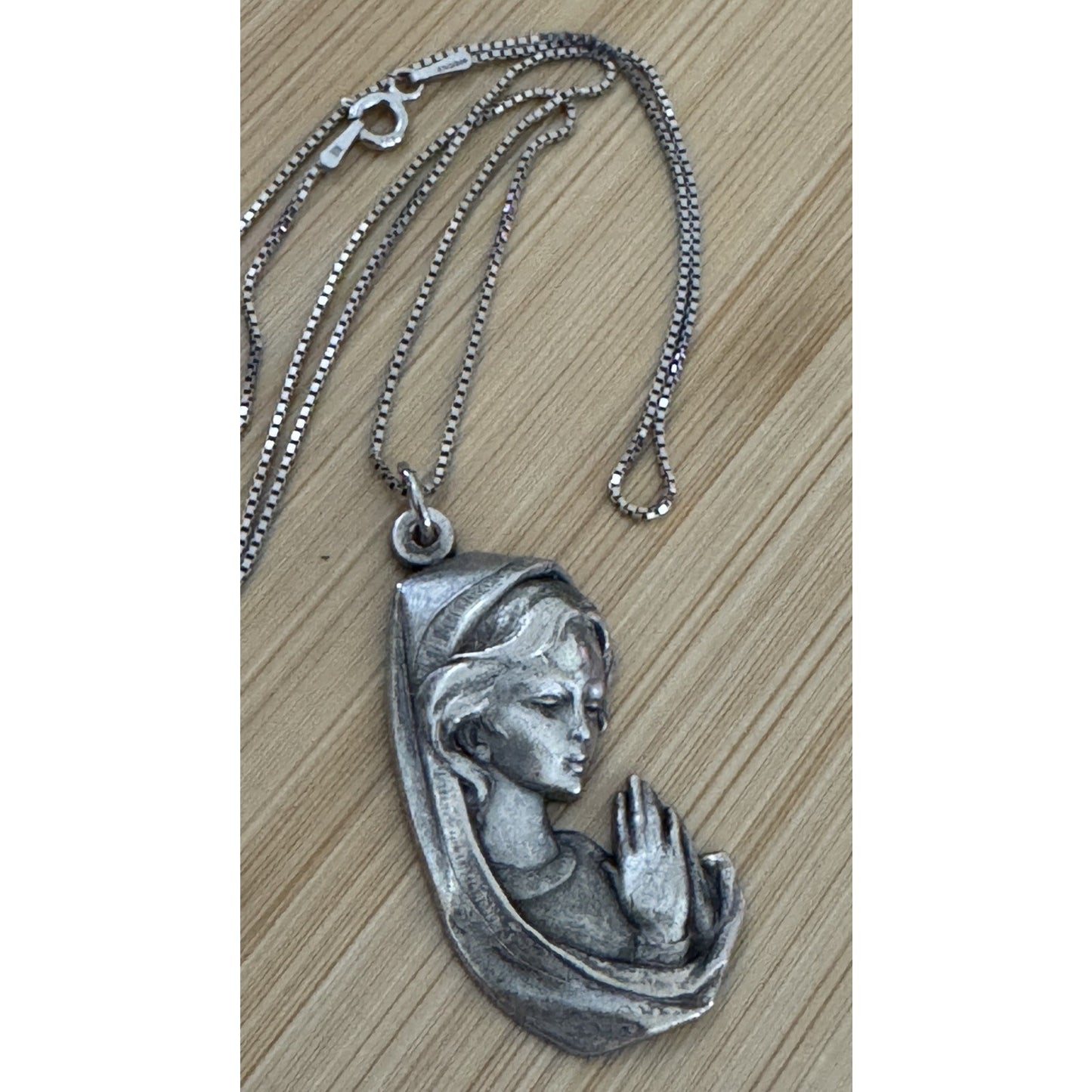 Vintage Italian Madonna Virgin Mary Pendant with Italy Sterling Silver Necklace