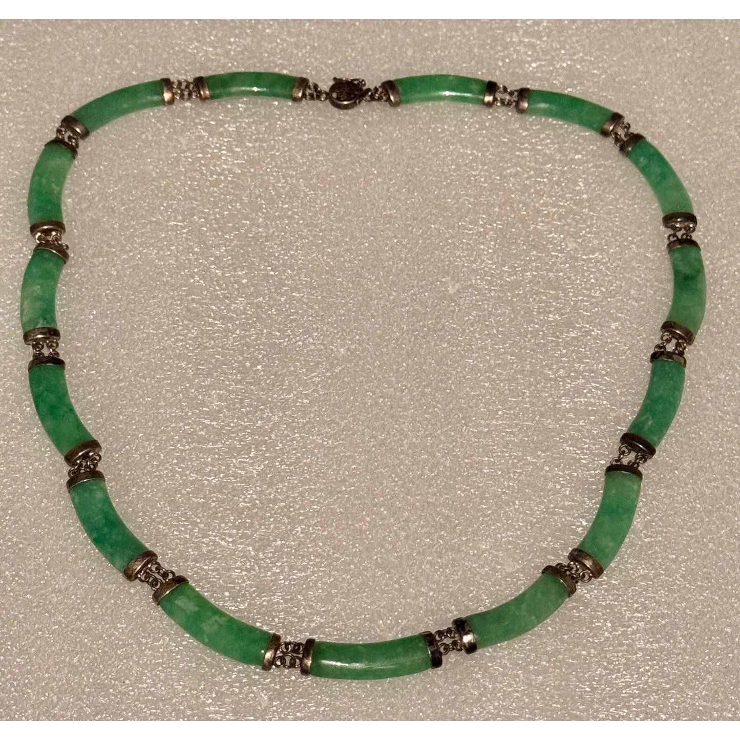 Vintage Jade Barrel Bar Bead Necklace Sterling Silver 925 Chinese Export 17” 23g