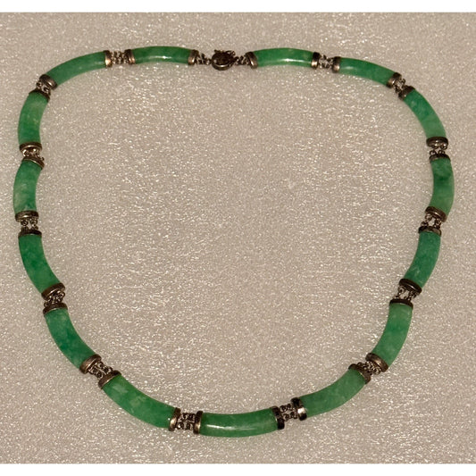 Vintage Jade Barrel Bar Bead Necklace Sterling Silver 925 Chinese Export 17” 23g