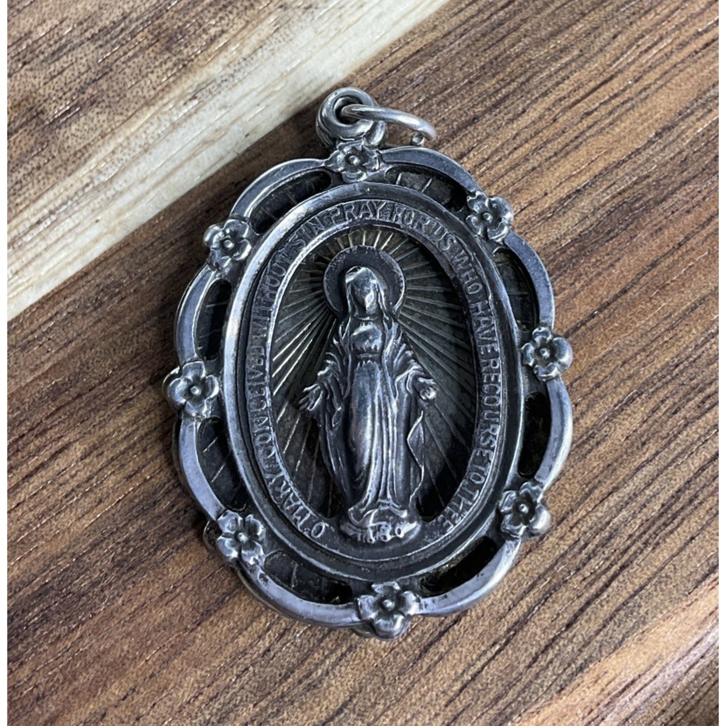 Vintage Sterling Silver Miraculous Mary Pendant Ornate Frame Catholic Charm