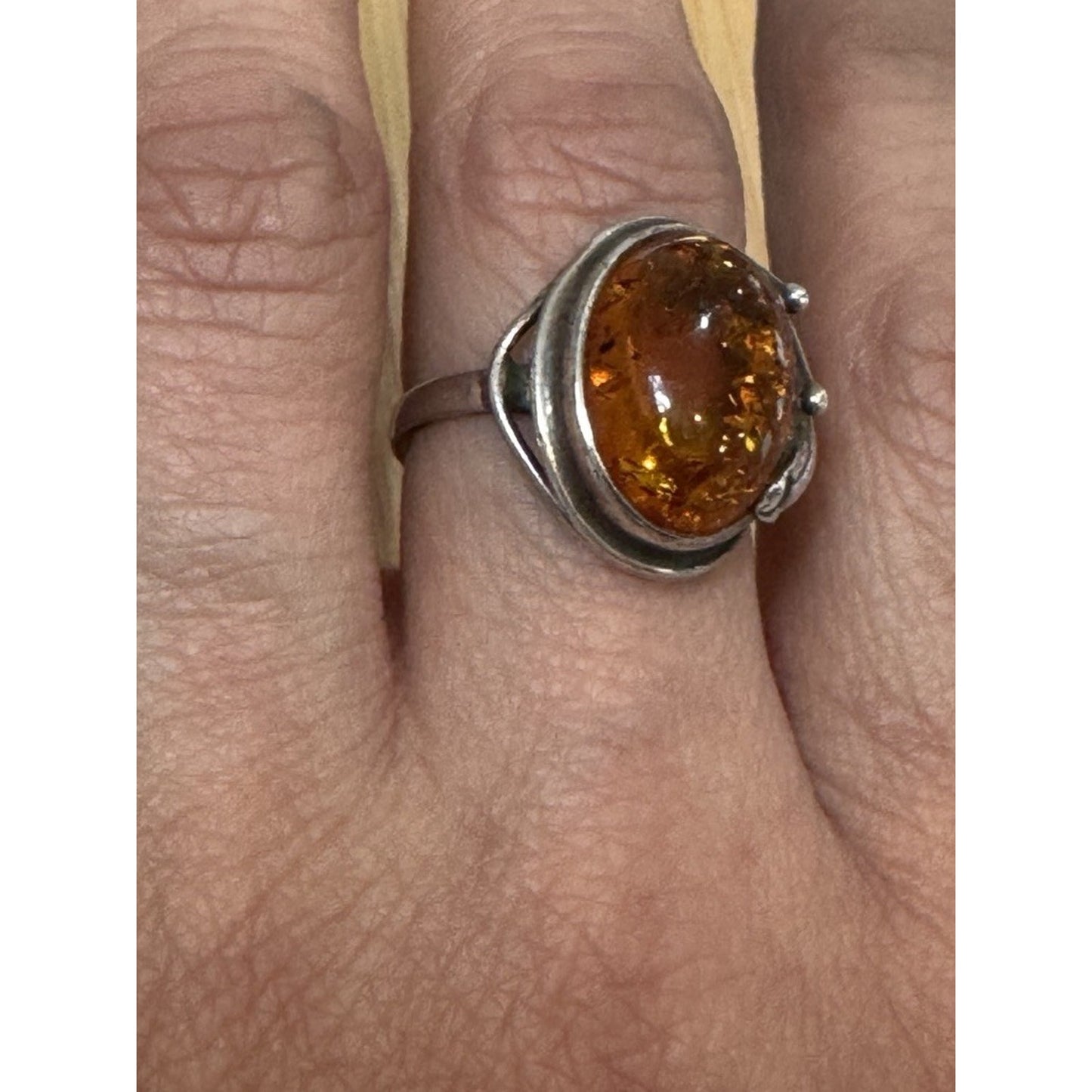 Vintage 925 Baltic Amber Cognac Sterling Silver Ring Size 7.5 Statement Ring