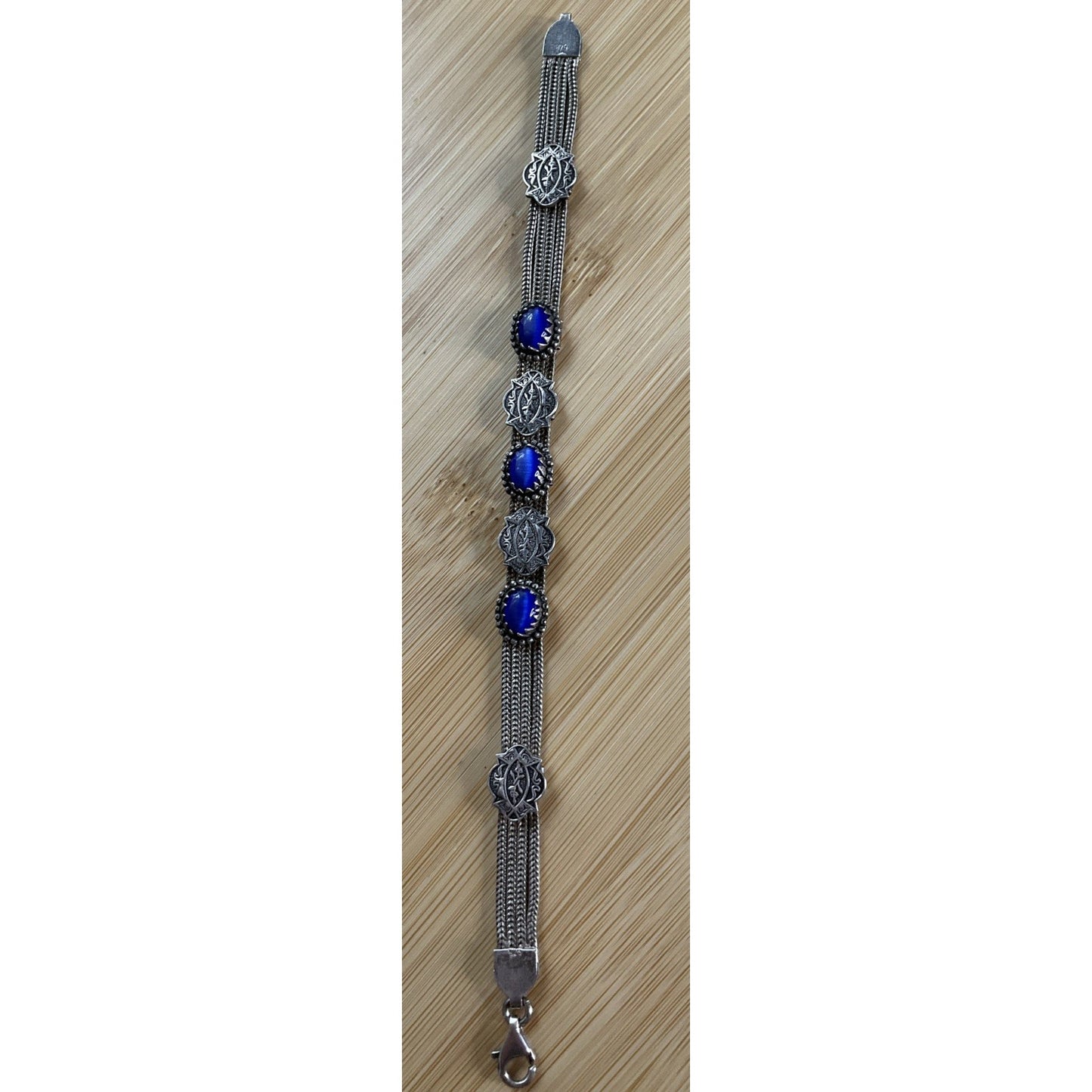 Vintage 925 Sterling Silver Blue Cat Eye Concho Multi Strand Bracelet 7.25”