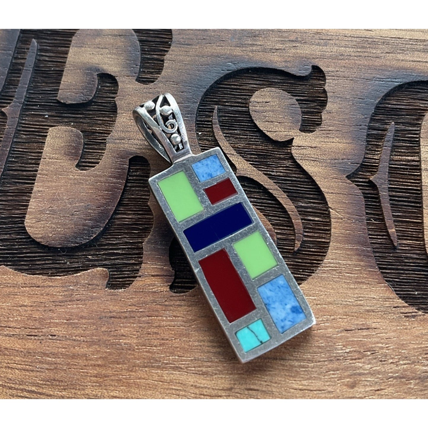 Modernist 925 Sterling Silver Multi-Stone Inlay Pendant Geometric Mosaic