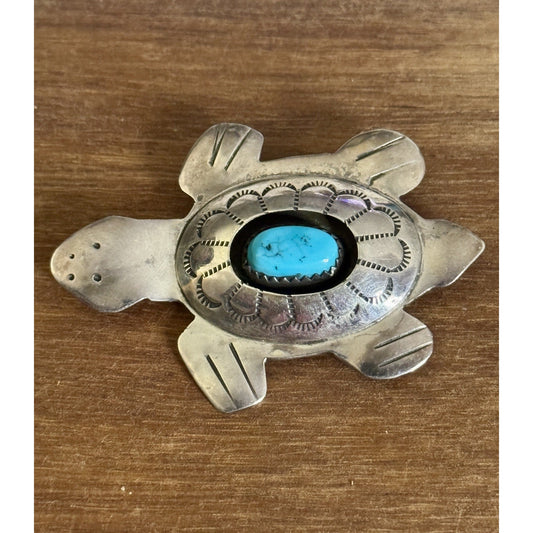 Vintage Navajo Sterling Silver Turtle Pin Turquoise Signed L.M. Lena Manygoats