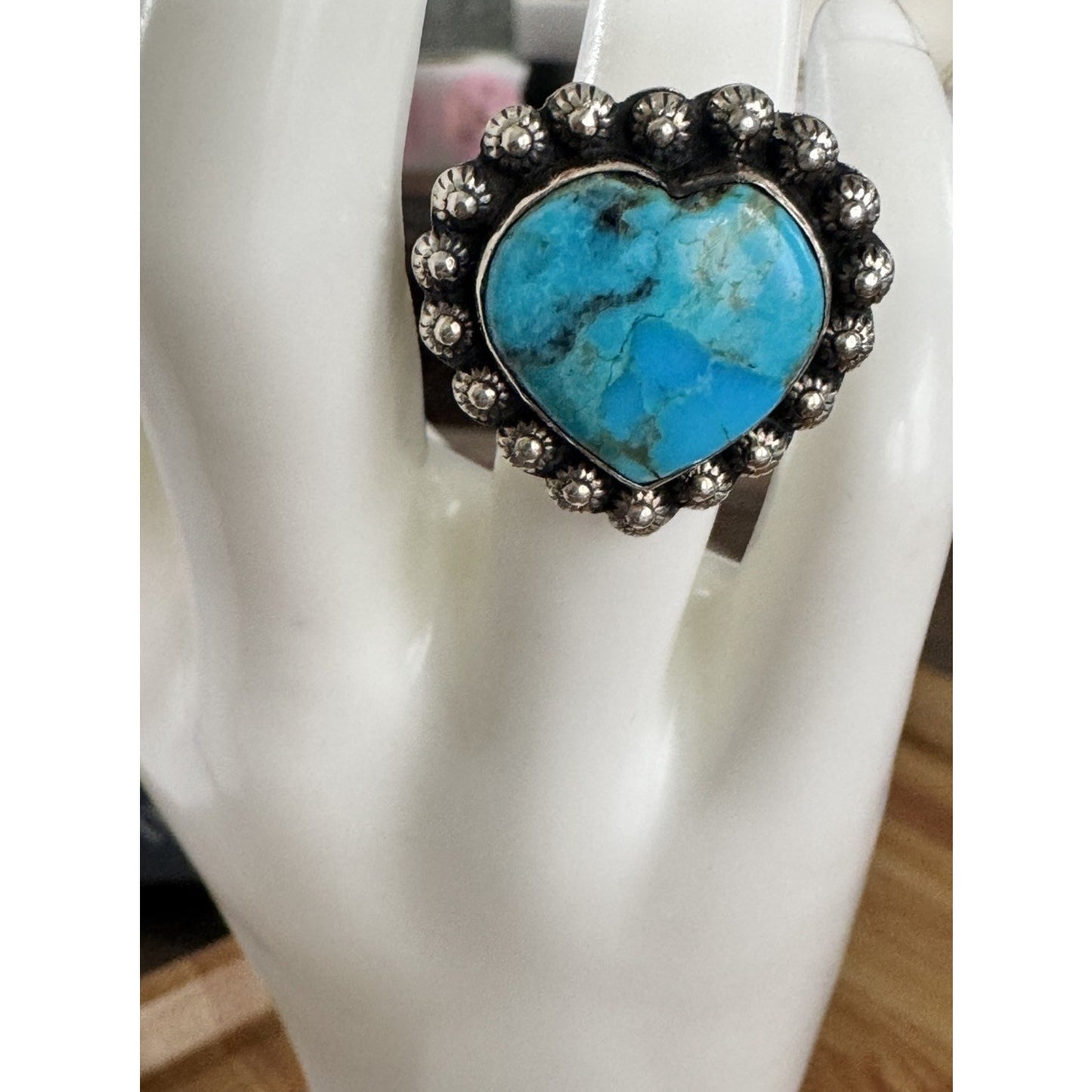 Navajo Kingman Turquoise Heart Sterling Silver Vintage Native American Ring Sz 7