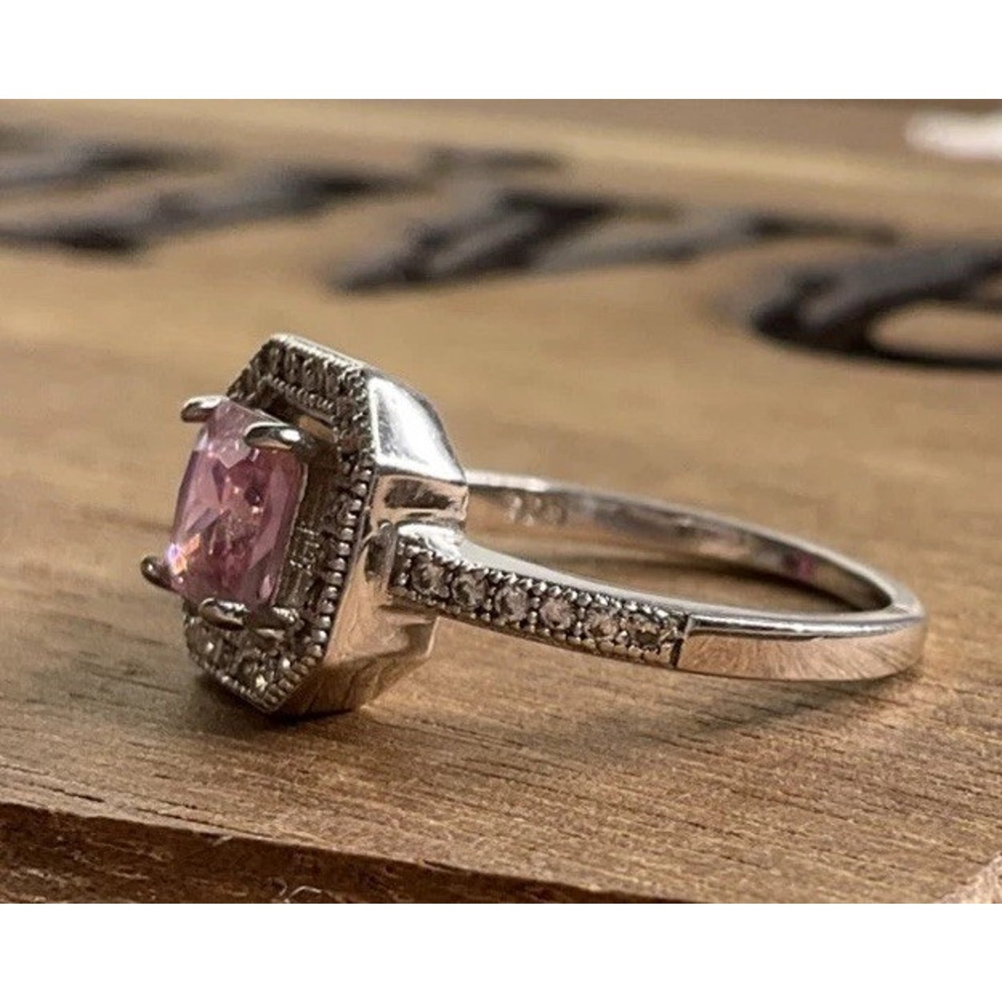 Sterling Silver Pink Stone Halo Ring Size 6 Princess Cut Engagement Style 925