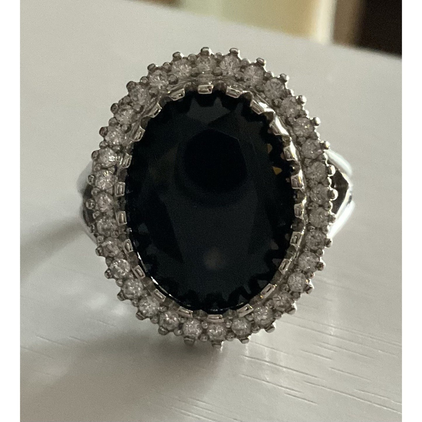 Sterling Silver Black Onyx Ring Size 9 Large Oval Halo CZ Statement Ring 925