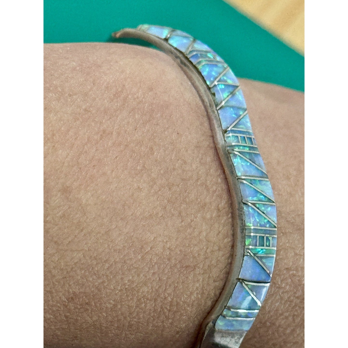 Vintage Southwestern Sterling Silver Blue Green Opal Inlay Cuff Bracelet 22g