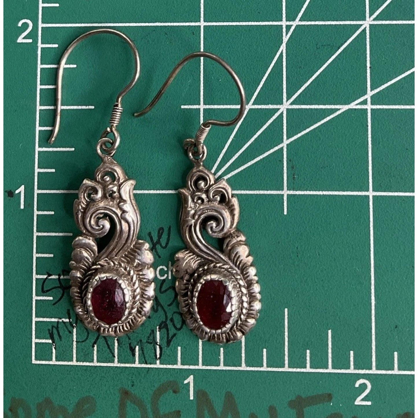 Vintage Sterling Silver Garnet Dangle Earrings Ornate Scroll 925