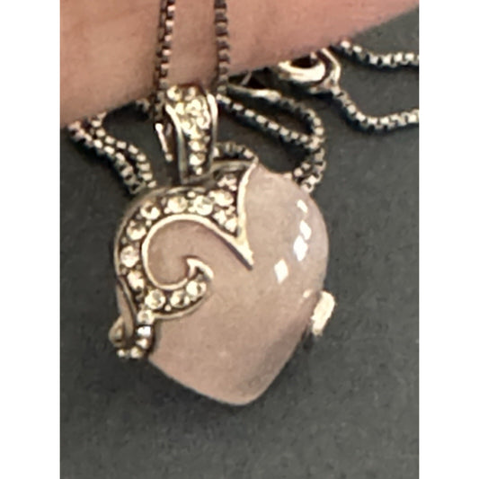 Vintage 925 Sterling Silver Rose Quartz Heart With Crystals and 17” Necklace