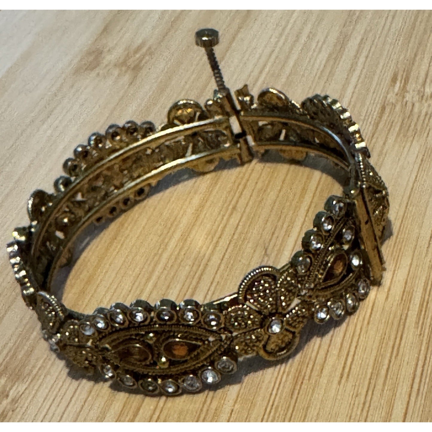 Vintage Etruscan Revival Filigree Rhinestone Amber Glass Bracelet