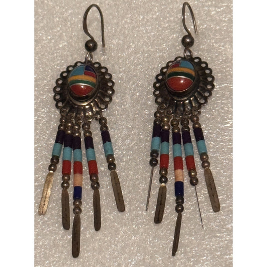 Vintage Sterling Silver Southwestern Inlay Fringe Earrings Turquoise Coral