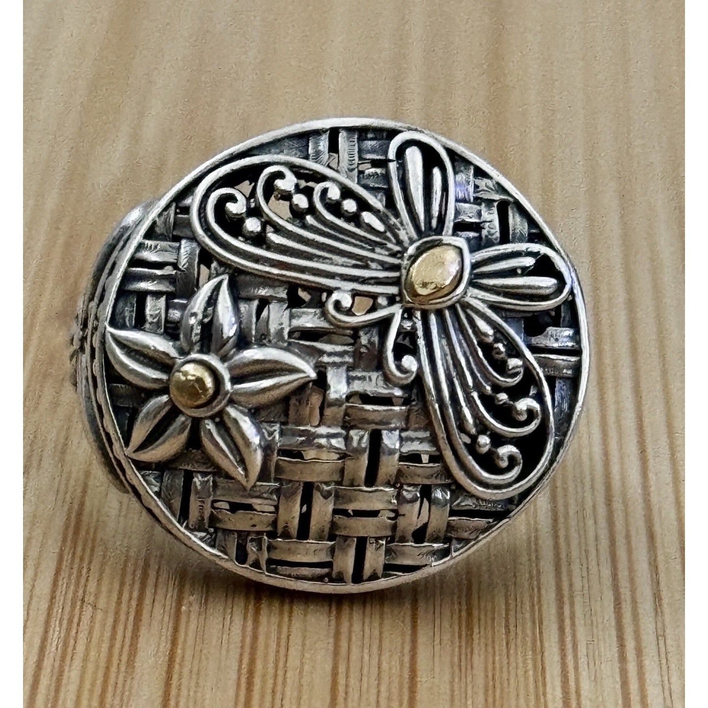 Robert Manse M ID 925 Sterling and 18K Gold Dragonfly Flower Sz 8.5 Bali 7g