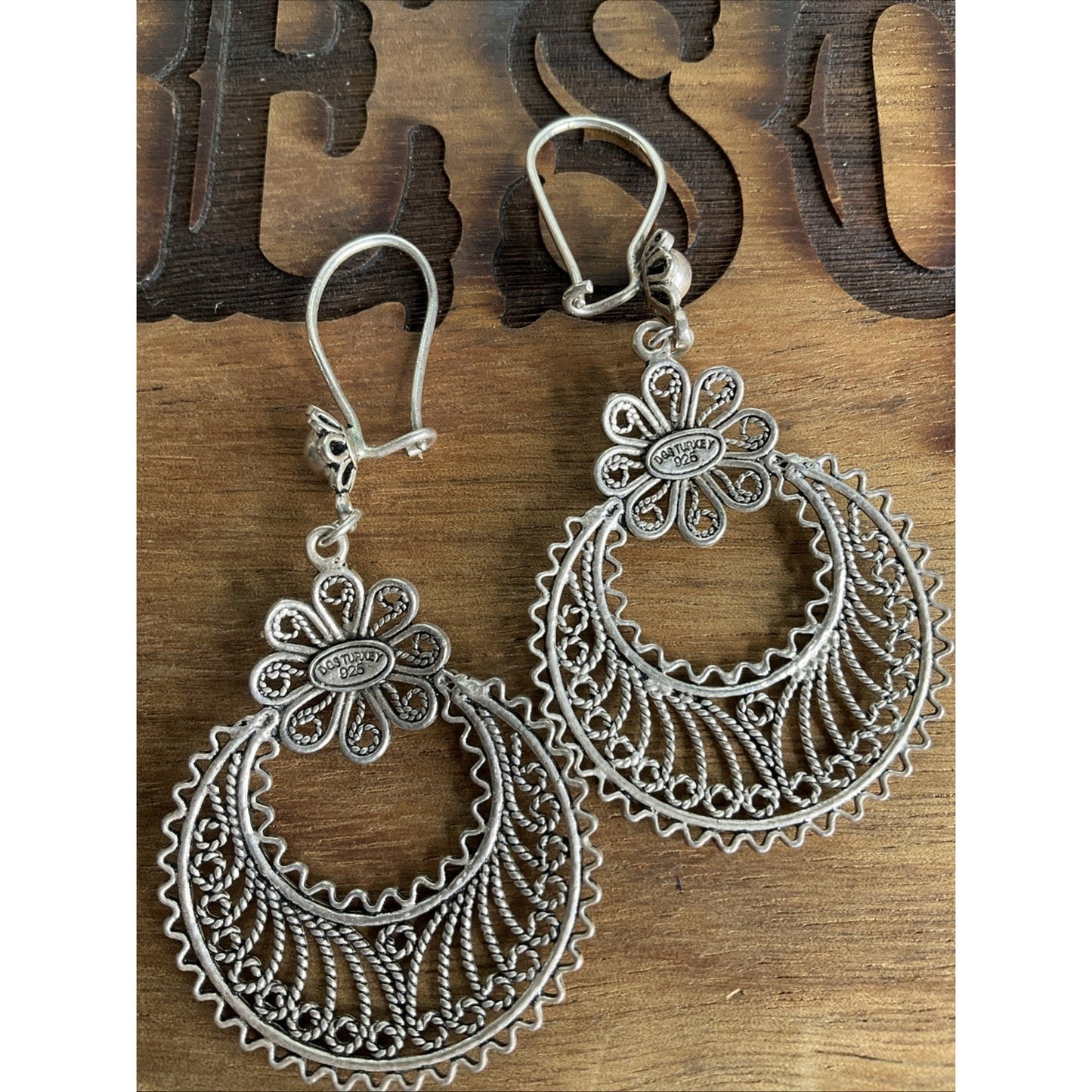 Vintage DGS Sterling Silver Turkey Filigree Crescent Moon Floral Dangle Earrings
