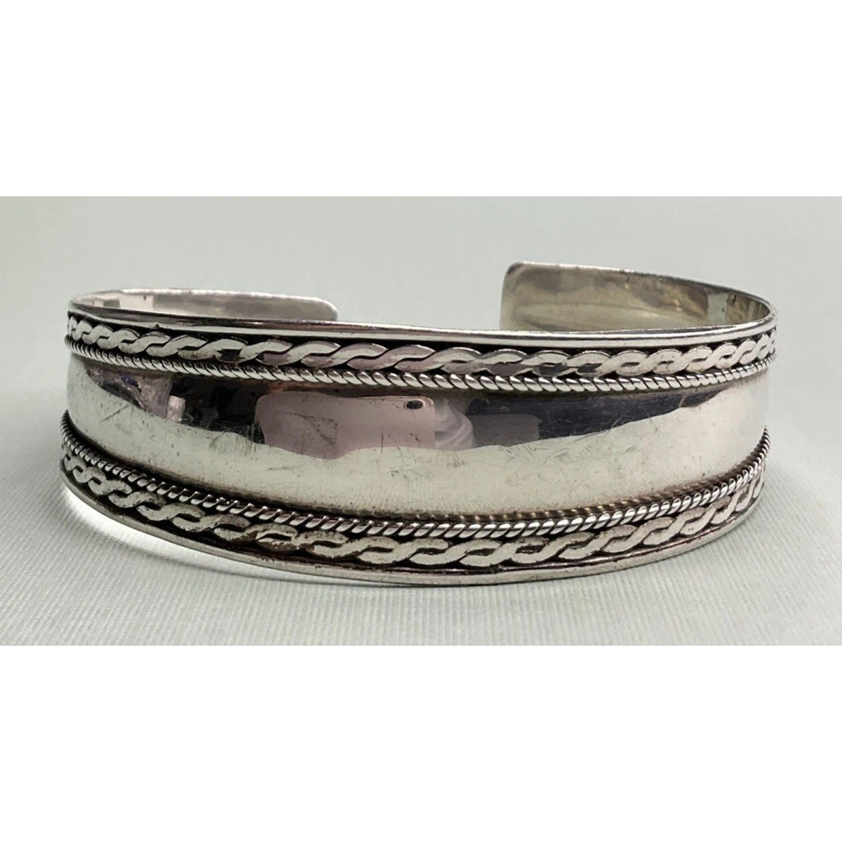 Vintage Sterling Silver Cuff Bracelet 14g Braided Rope Design Wide Open Bangle