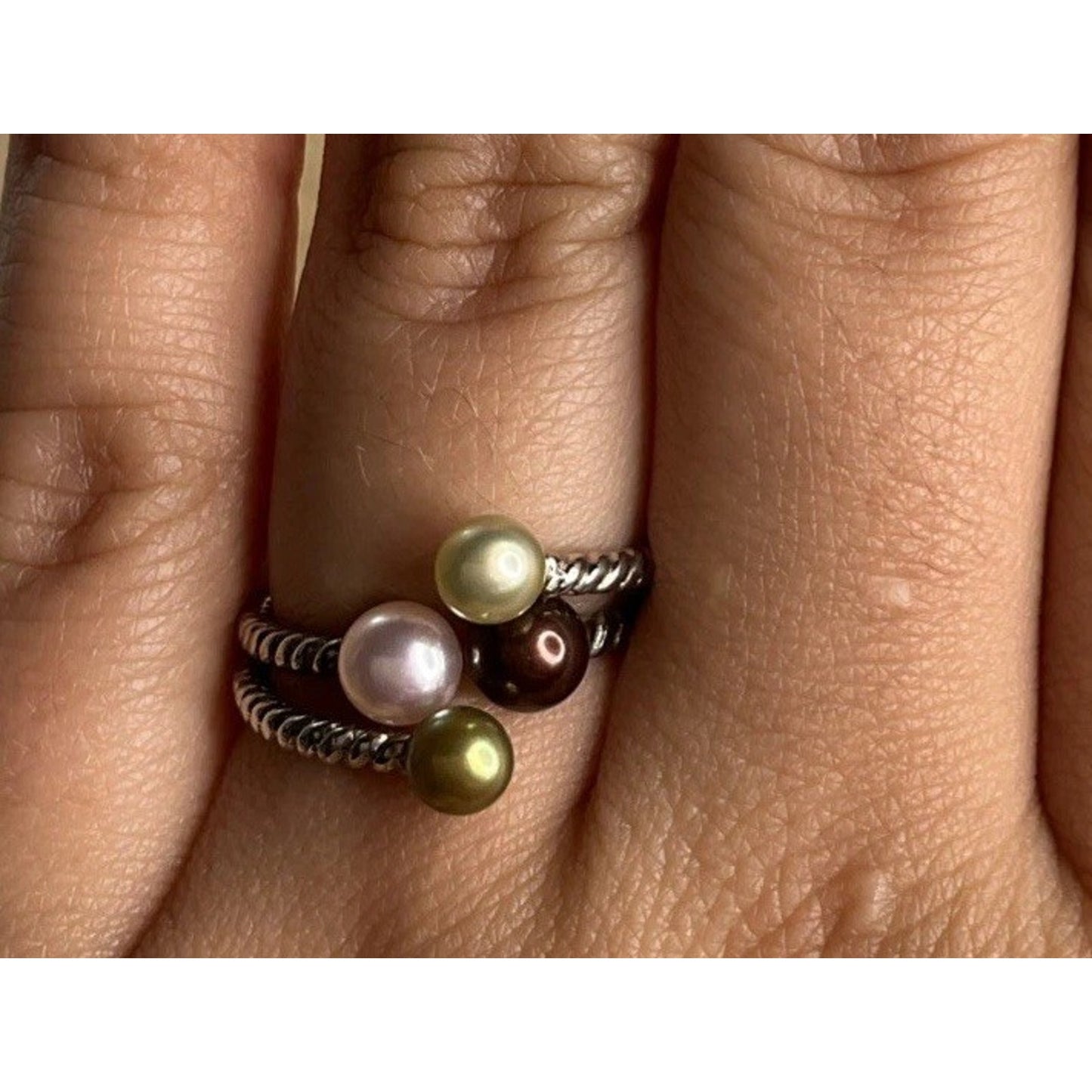 Sterling Silver 925 Multicolor Pearl 3 Row Rope Wrap Ring Size 7.5