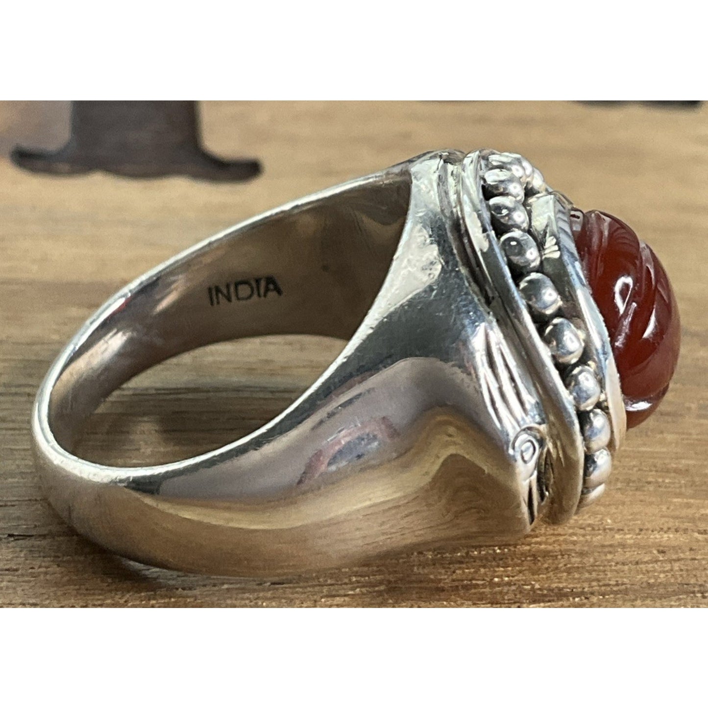 Vintage Doug Paulus DP India Sterling Silver Round Beaded Carnelian Ring Sz 6.5
